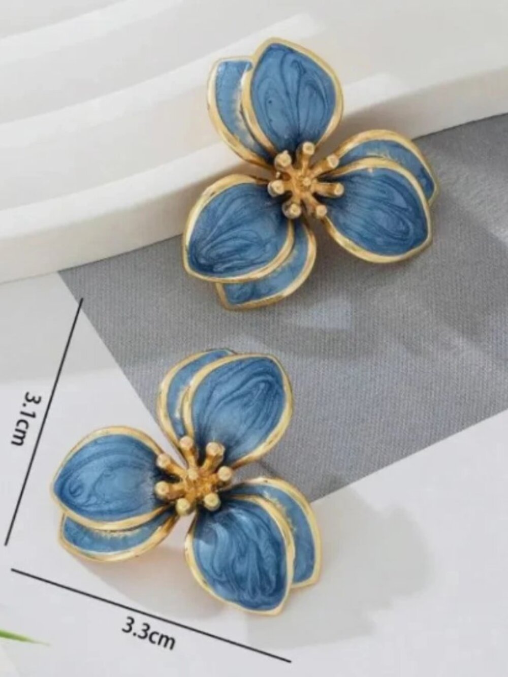 Blue Hibiscus Enamel Stud Earrings Gold Tone 1.25" Floral Jewelry